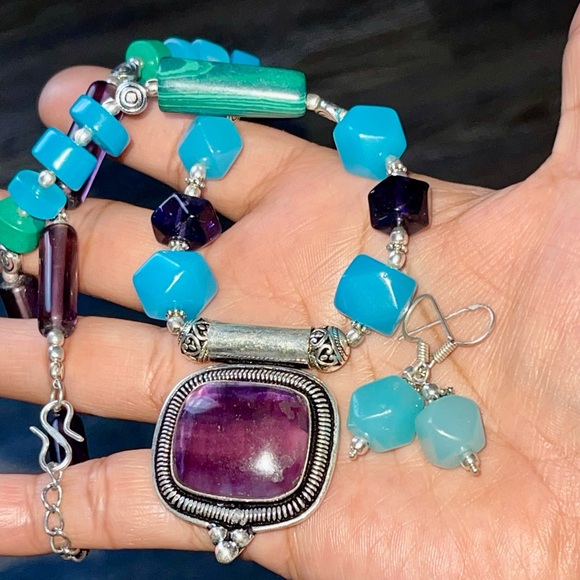 Chalcedony, Malachite, Fluorite Necklace Pendant & Earrings Set - Picture 3 of 13